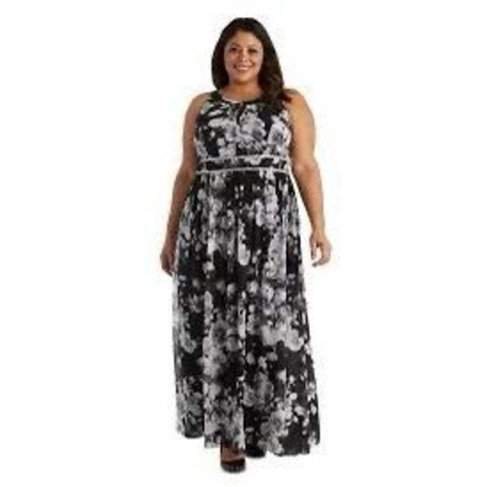 Woman Within Plus Size 3X Chiffon Halter Maxi Dress Black Blue Abstract Floral